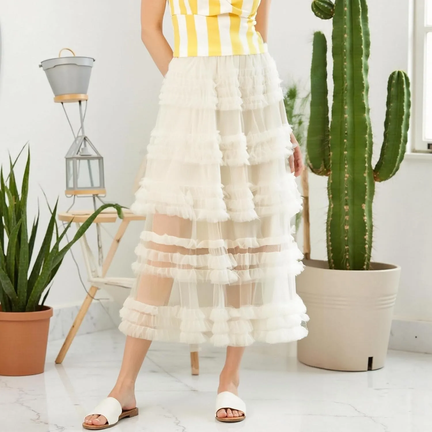 Women Puffy Tulle Maxi Skirt Layered A Line Tiered Ruffle Long Skirts Mesh Tutu Skirt Petticoat