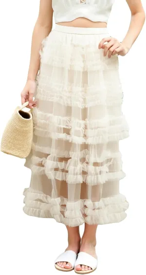Women Puffy Tulle Maxi Skirt Layered A Line Tiered Ruffle Long Skirts Mesh Tutu Skirt Petticoat
