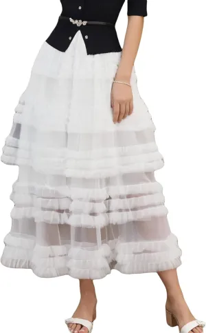 Women Puffy Tulle Maxi Skirt Layered A Line Tiered Ruffle Long Skirts Mesh Tutu Skirt Petticoat