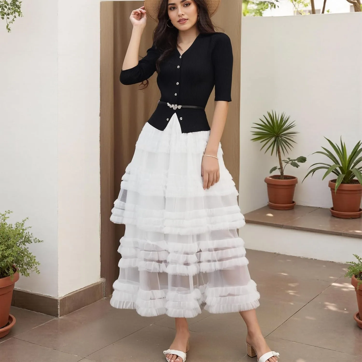 Women Puffy Tulle Maxi Skirt Layered A Line Tiered Ruffle Long Skirts Mesh Tutu Skirt Petticoat
