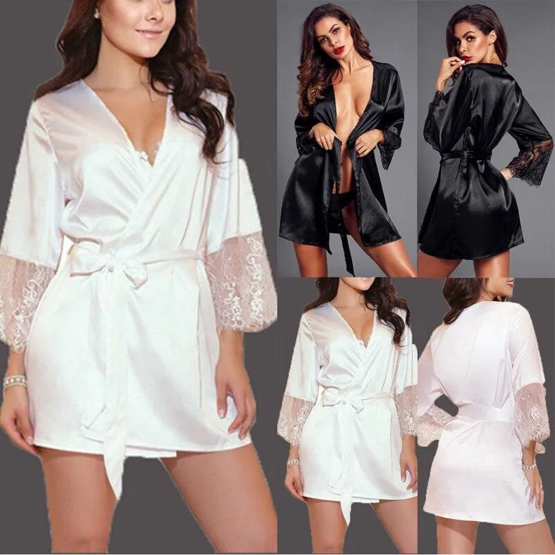 Women Robes Female Solid Patchwork Lace Sleepwear Deep V-Neck Mini Babydoll Nightdress Female Sleepdress Underwear