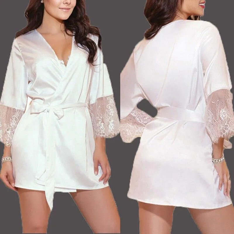 Women Robes Female Solid Patchwork Lace Sleepwear Deep V-Neck Mini Babydoll Nightdress Female Sleepdress Underwear