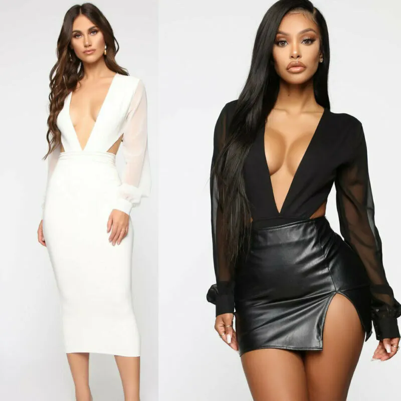 Women Sexy Deep V Long Sleeve Bodysuit Romper Jumpsuit Leotard Tops Blouse