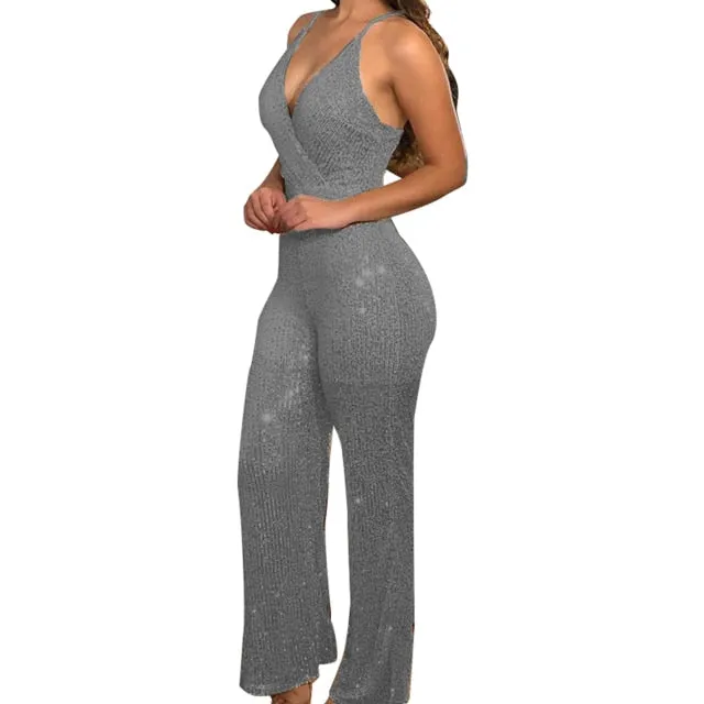 Women Sexy Jumpsuits V Neck Backless Sleeveless Evening Dress