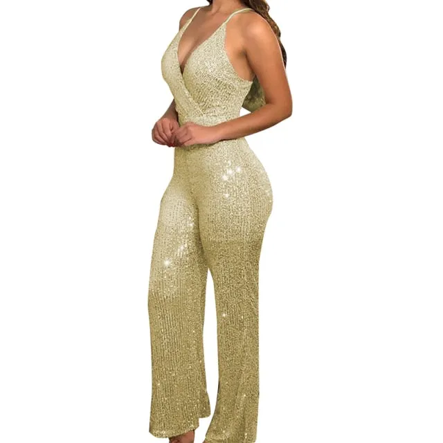 Women Sexy Jumpsuits V Neck Backless Sleeveless Evening Dress