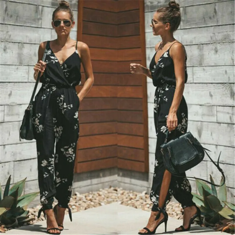 Women Sleeveless Loose Baggy Trousers Solid Romper Jumpsuit Cotton Print Broadcloth