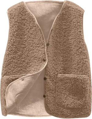 Women Sleeveless Sherpa Jackets Warm Sweater Vest Solid Pocket Lamb Cashmere Caots Fall Winter Short Button Outerwear