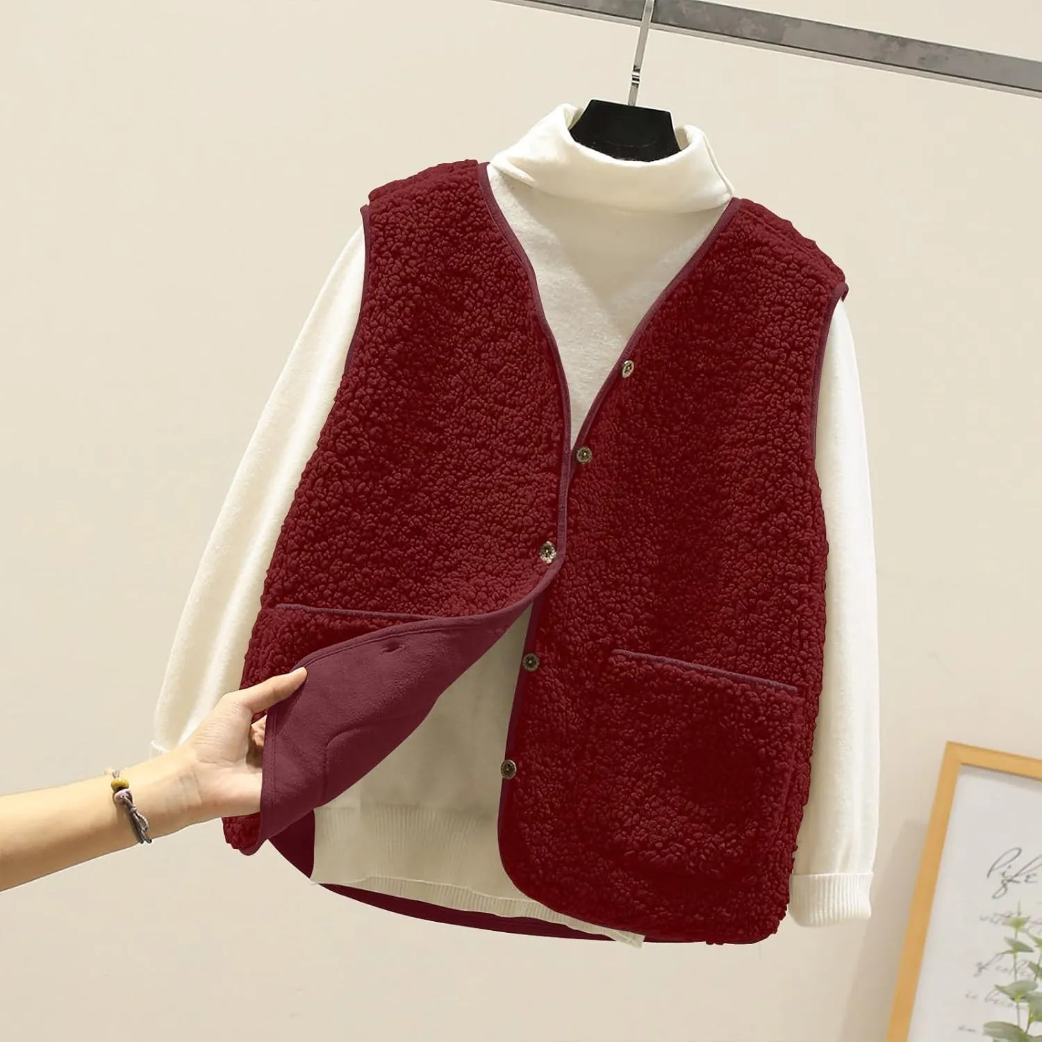 Women Sleeveless Sherpa Jackets Warm Sweater Vest Solid Pocket Lamb Cashmere Caots Fall Winter Short Button Outerwear
