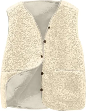 Women Sleeveless Sherpa Jackets Warm Sweater Vest Solid Pocket Lamb Cashmere Caots Fall Winter Short Button Outerwear