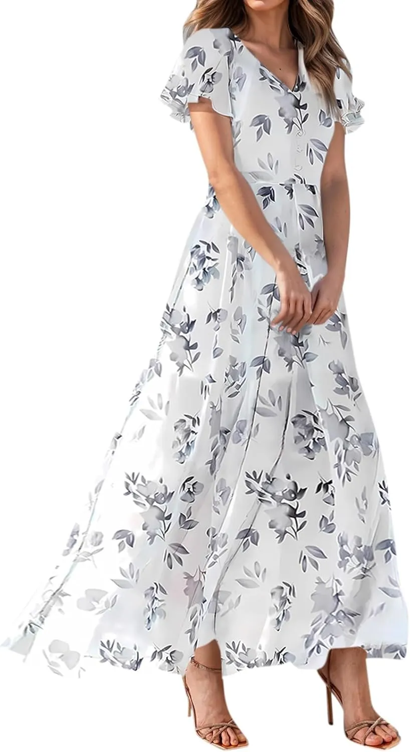 Women Summer Dresses High Waist Maxi Dress Chiffon Ruffle Sleeve Bohemian Dresses Vneck Tea Party Dress