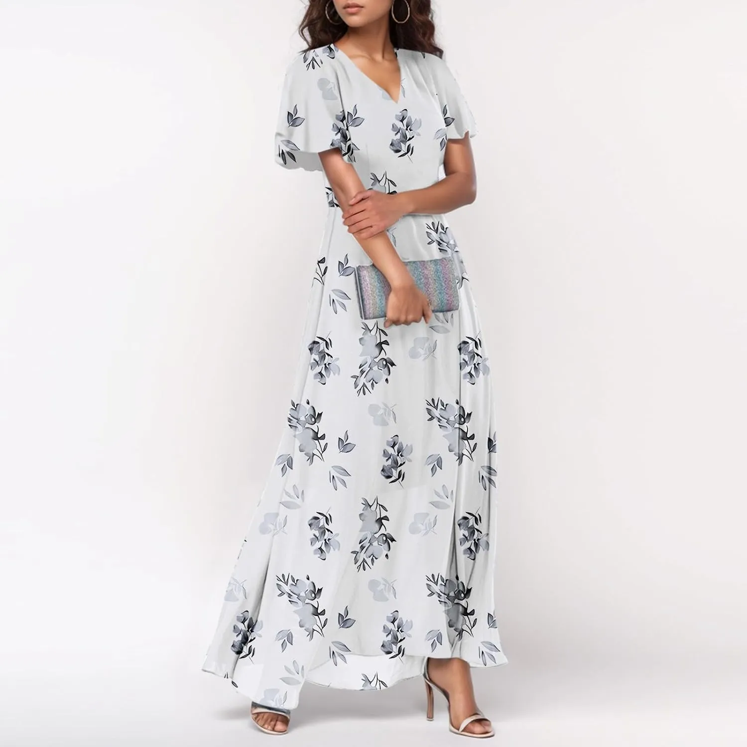 Women Summer Dresses High Waist Maxi Dress Chiffon Ruffle Sleeve Bohemian Dresses Vneck Tea Party Dress