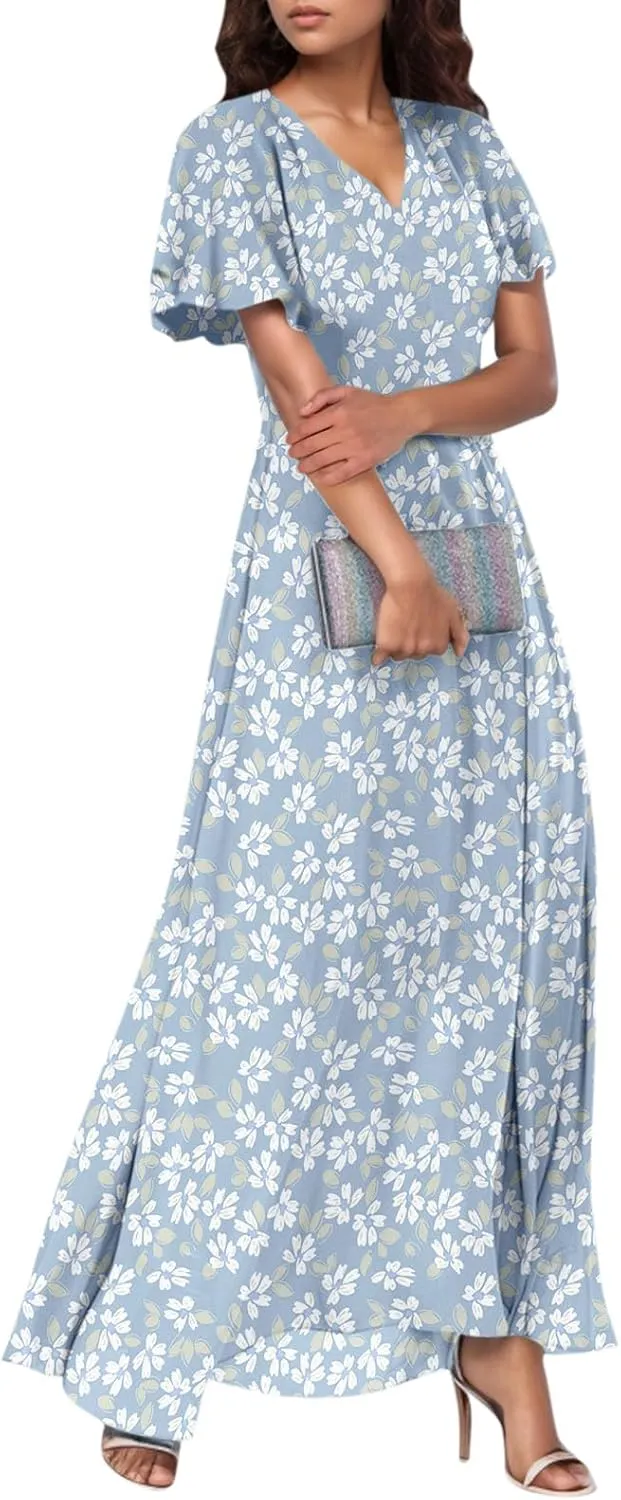 Women Summer Dresses High Waist Maxi Dress Chiffon Ruffle Sleeve Bohemian Dresses Vneck Tea Party Dress