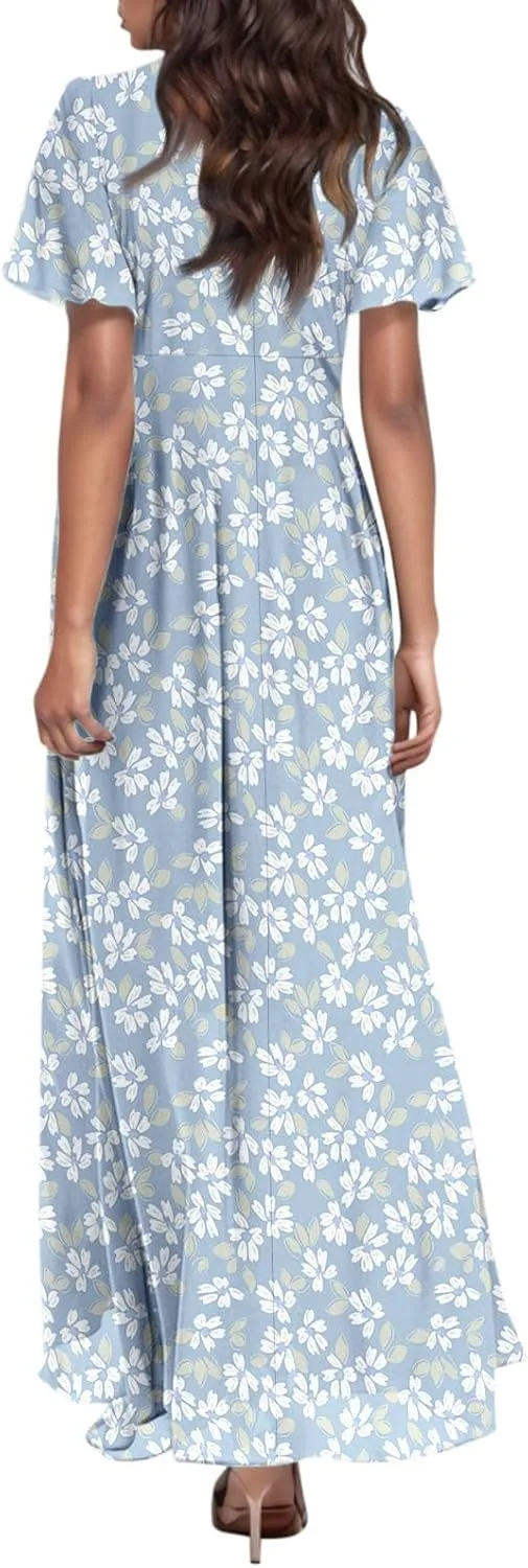 Women Summer Dresses High Waist Maxi Dress Chiffon Ruffle Sleeve Bohemian Dresses Vneck Tea Party Dress