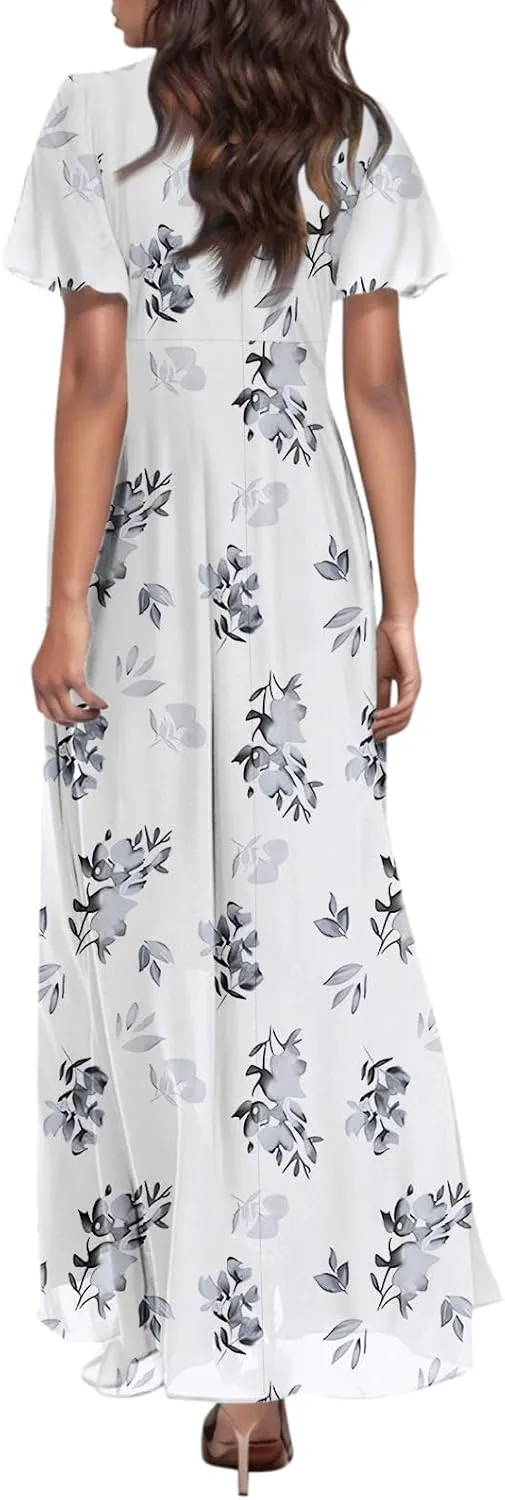 Women Summer Dresses High Waist Maxi Dress Chiffon Ruffle Sleeve Bohemian Dresses Vneck Tea Party Dress