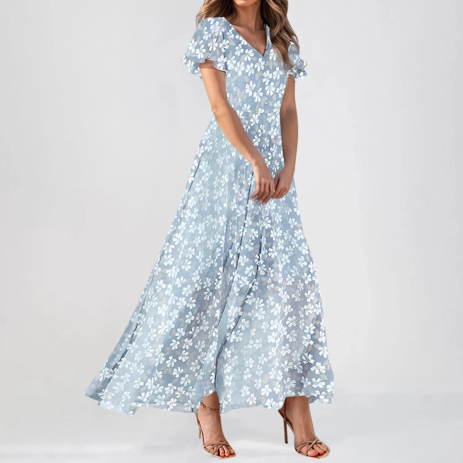 Women Summer Dresses High Waist Maxi Dress Chiffon Ruffle Sleeve Bohemian Dresses Vneck Tea Party Dress