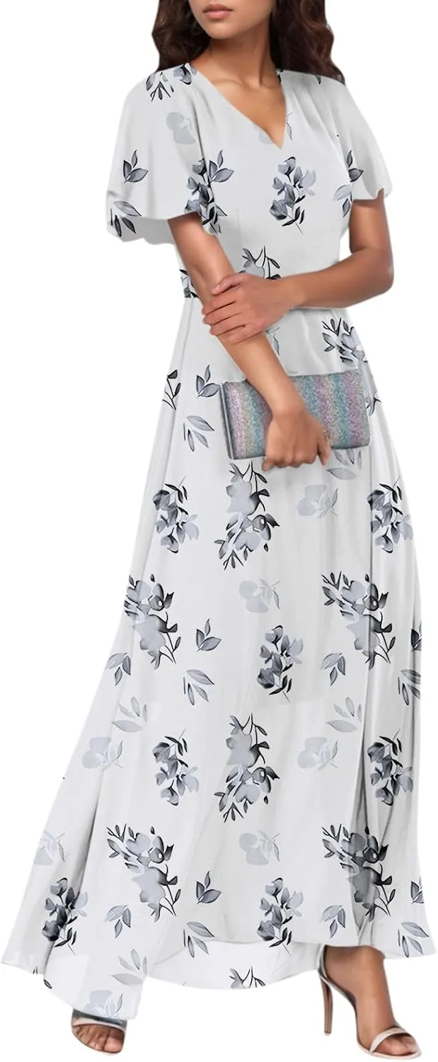 Women Summer Dresses High Waist Maxi Dress Chiffon Ruffle Sleeve Bohemian Dresses Vneck Tea Party Dress