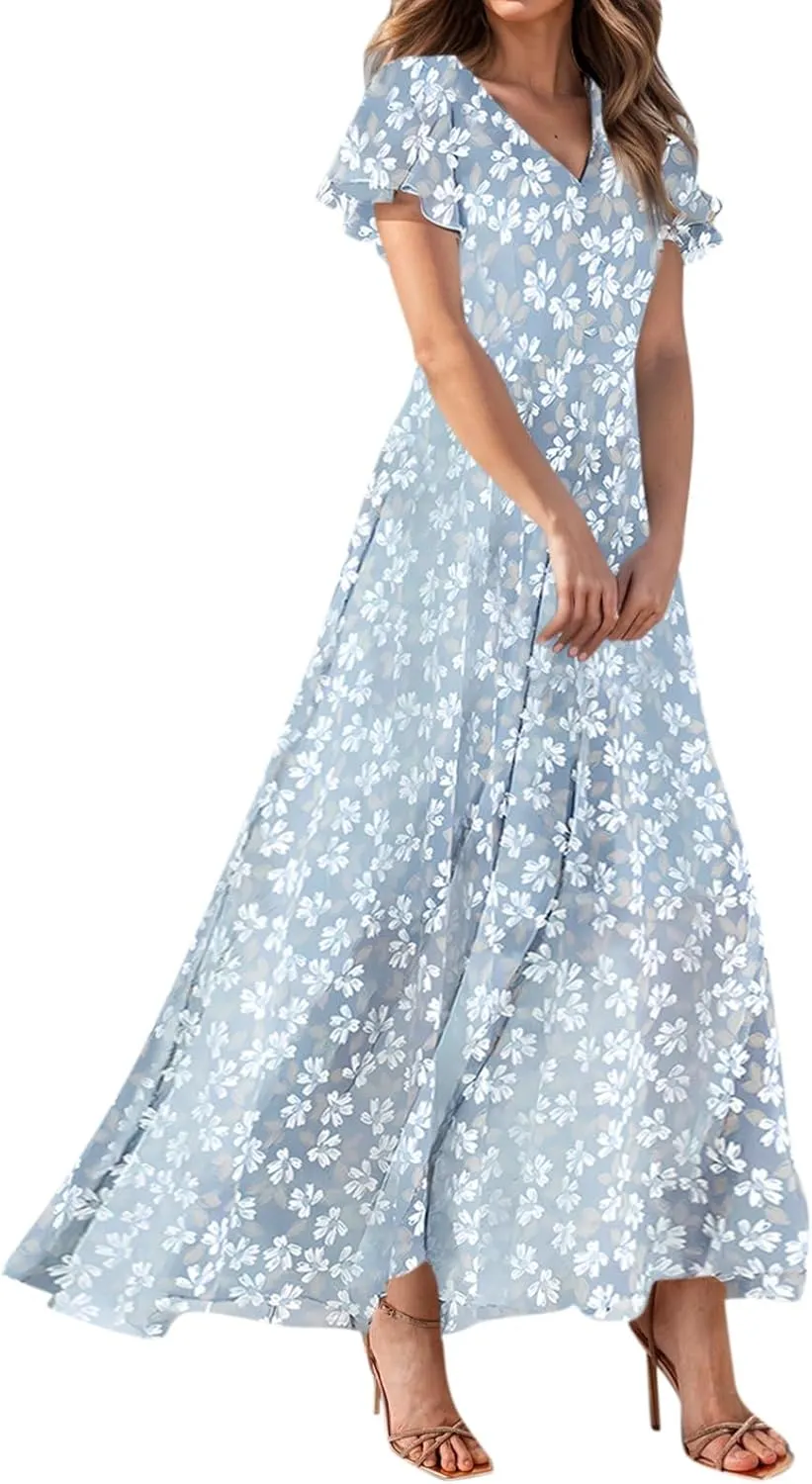 Women Summer Dresses High Waist Maxi Dress Chiffon Ruffle Sleeve Bohemian Dresses Vneck Tea Party Dress