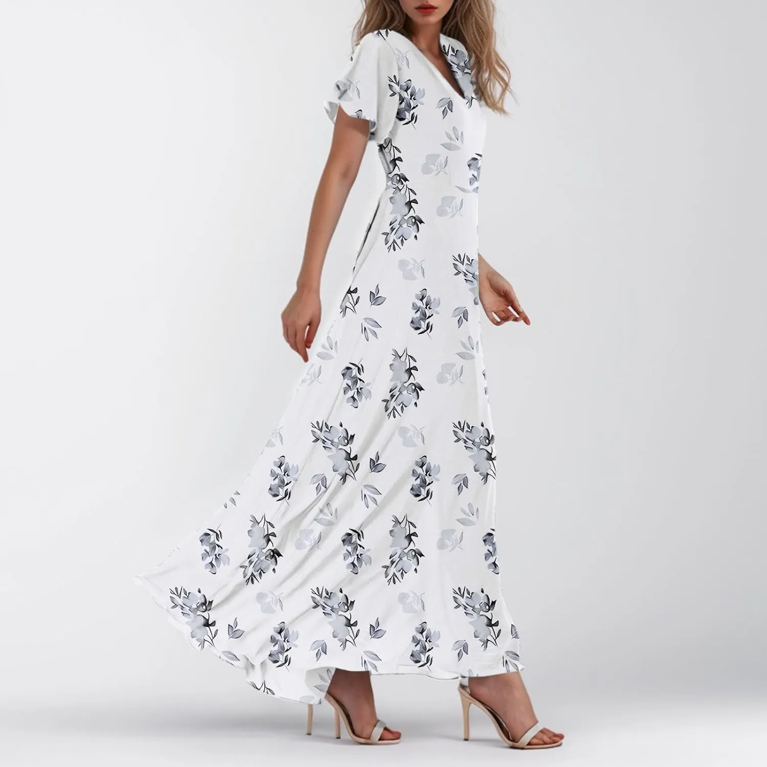 Women Summer Dresses High Waist Maxi Dress Chiffon Ruffle Sleeve Bohemian Dresses Vneck Tea Party Dress