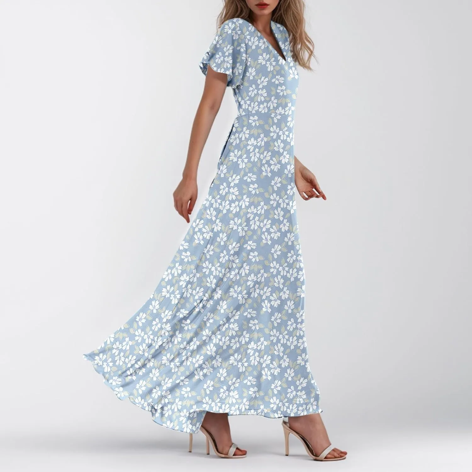 Women Summer Dresses High Waist Maxi Dress Chiffon Ruffle Sleeve Bohemian Dresses Vneck Tea Party Dress