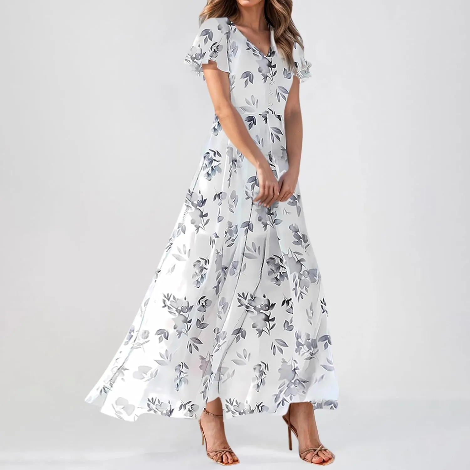 Women Summer Dresses High Waist Maxi Dress Chiffon Ruffle Sleeve Bohemian Dresses Vneck Tea Party Dress
