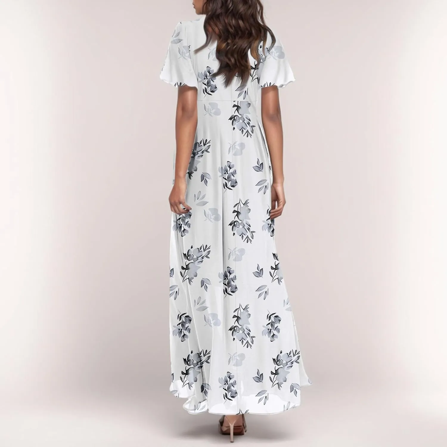 Women Summer Dresses High Waist Maxi Dress Chiffon Ruffle Sleeve Bohemian Dresses Vneck Tea Party Dress