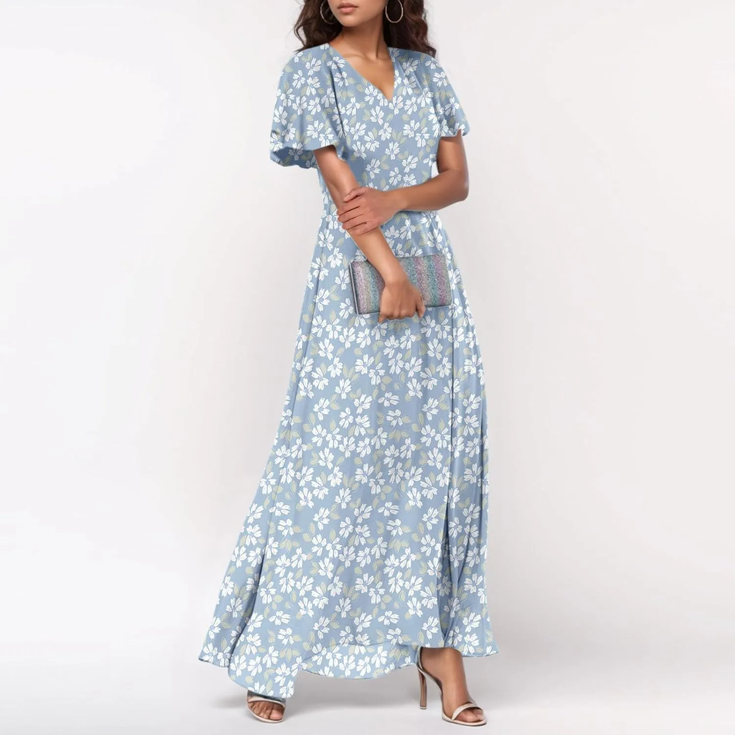 Women Summer Dresses High Waist Maxi Dress Chiffon Ruffle Sleeve Bohemian Dresses Vneck Tea Party Dress