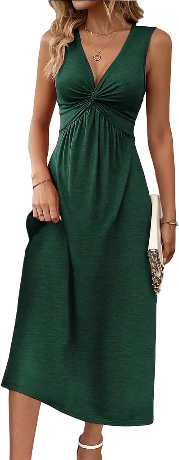 Women Summer Dresses Sleeveless Front Knotted V Neck Tank Dress Casual Solid Color A Line Midi Dresses
