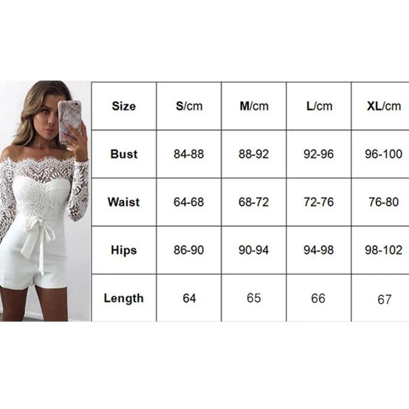 Women Summer Off Shoulder Sexy Playsuits Long Sleeve Sheer Lace Patchwork Hollow Skinny Playsuits