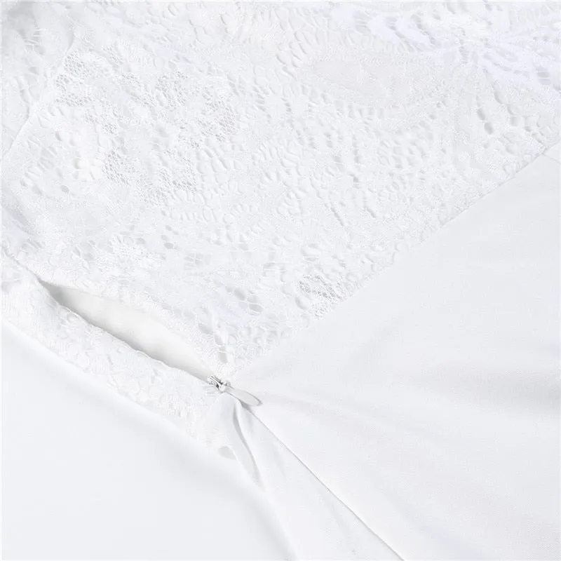 Women Summer Off Shoulder Sexy Playsuits Long Sleeve Sheer Lace Patchwork Hollow Skinny Playsuits