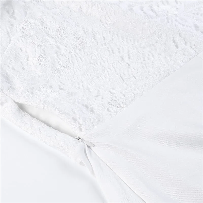 Women Summer Off Shoulder Sexy Playsuits Long Sleeve Sheer Lace Patchwork Hollow Skinny Playsuits