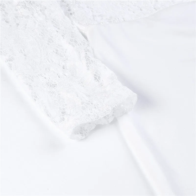 Women Summer Off Shoulder Sexy Playsuits Long Sleeve Sheer Lace Patchwork Hollow Skinny Playsuits