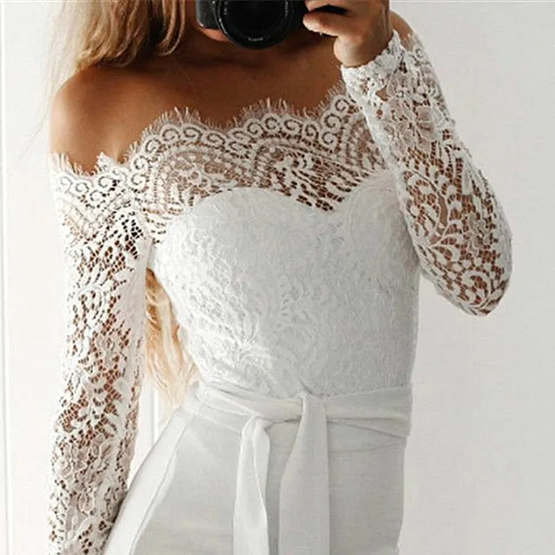 Women Summer Off Shoulder Sexy Playsuits Long Sleeve Sheer Lace Patchwork Hollow Skinny Playsuits