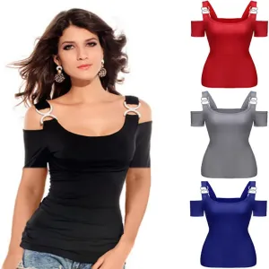 Women T-shirt Solid Off Shoulder Tops Metal Buckle