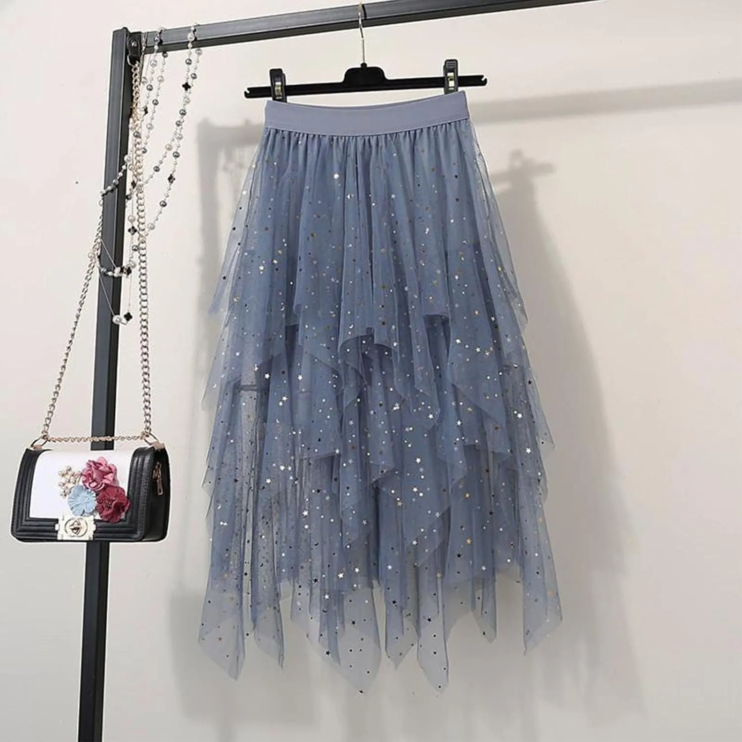 Women Tulle Skirt Elastic Mesh Layered Asymmetrical Pleat Skirt Casual Fashion Elegant Evening Party Sparkly Skirts