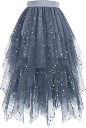Women Tulle Skirt Elastic Mesh Layered Asymmetrical Pleat Skirt Casual Fashion Elegant Evening Party Sparkly Skirts