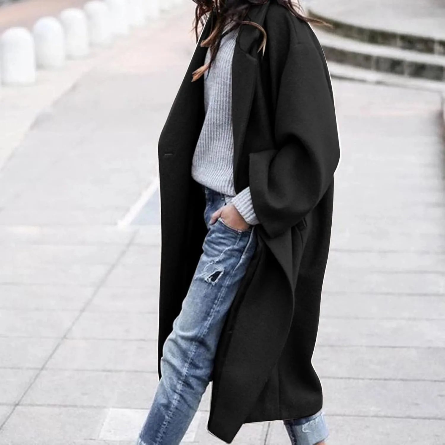 Women Turn Down Collar Overcoat Plus Size Casual Cardigan Coat Solid Oversized Jacket Fashion Winter Woolen Coats