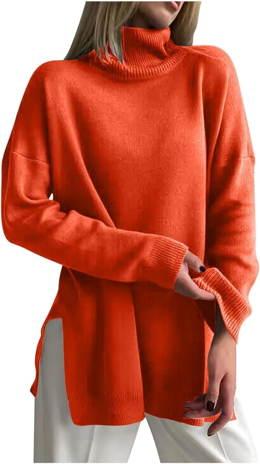 Women Turtleneck Knitted Sweater Long Sleeve Oversized Drop Shoulder Tunic Sweater Side Slit Solid Warm Sweater Top
