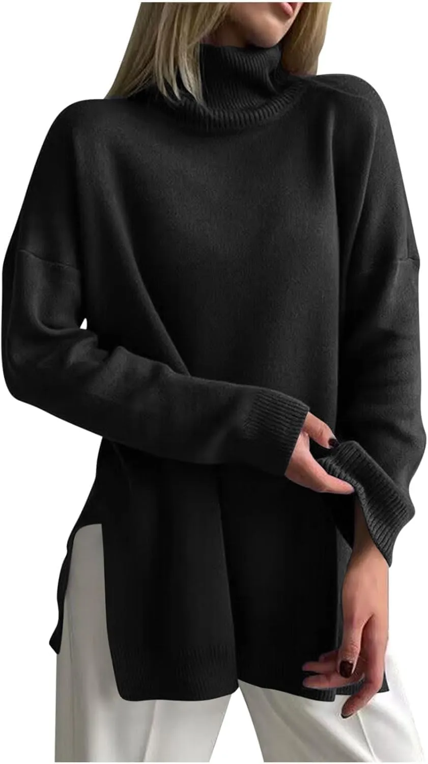Women Turtleneck Knitted Sweater Long Sleeve Oversized Drop Shoulder Tunic Sweater Side Slit Solid Warm Sweater Top