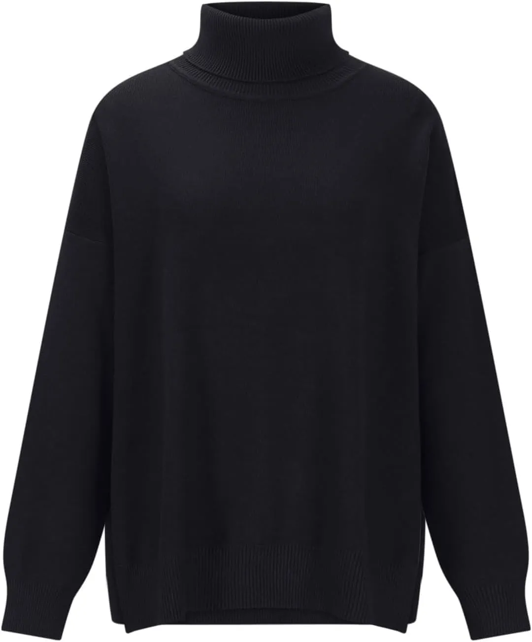 Women Turtleneck Knitted Sweater Long Sleeve Oversized Drop Shoulder Tunic Sweater Side Slit Solid Warm Sweater Top