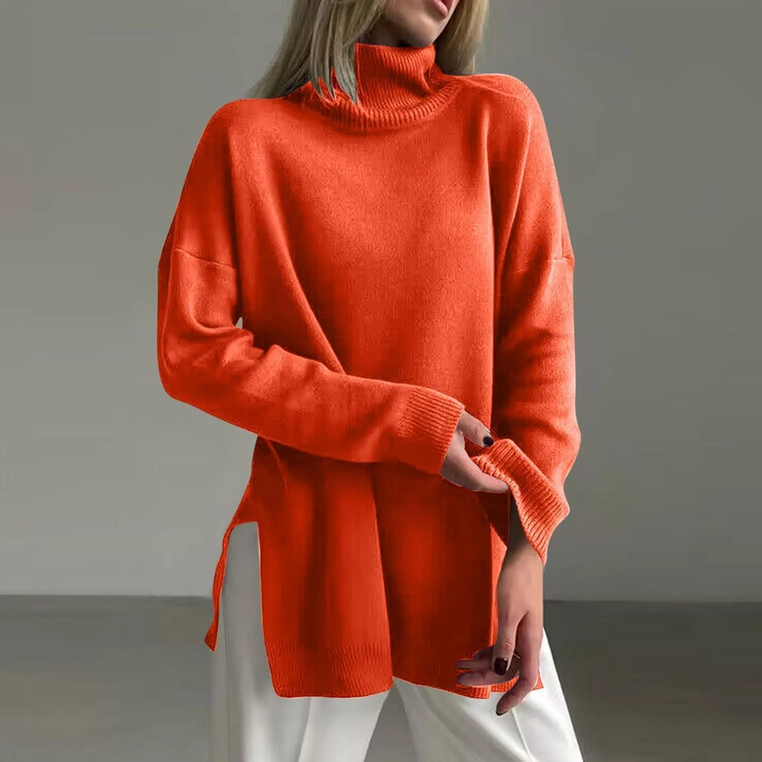 Women Turtleneck Knitted Sweater Long Sleeve Oversized Drop Shoulder Tunic Sweater Side Slit Solid Warm Sweater Top