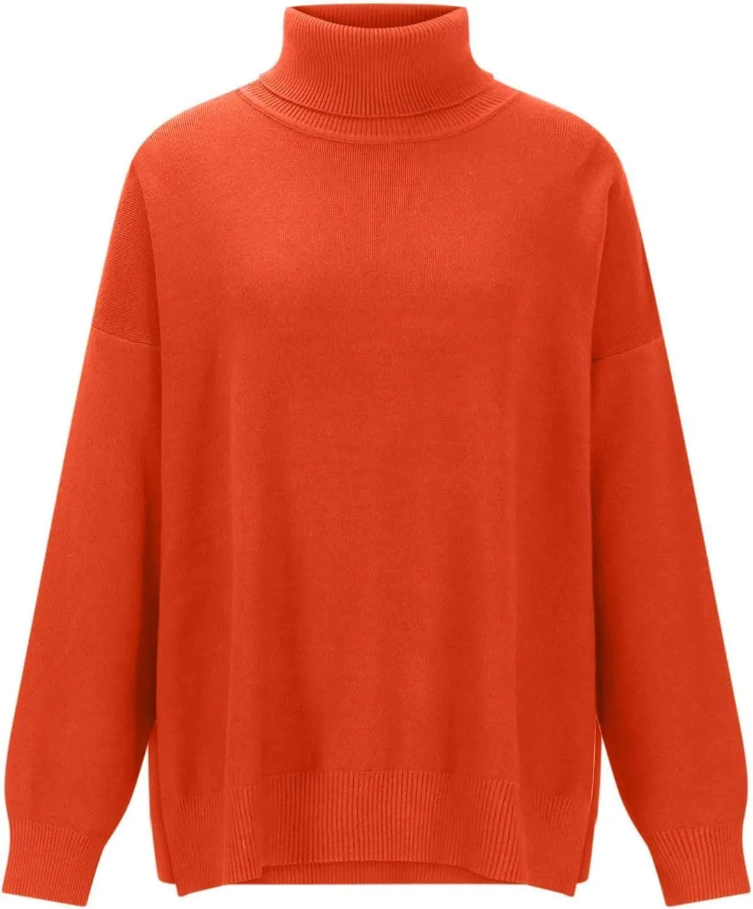 Women Turtleneck Knitted Sweater Long Sleeve Oversized Drop Shoulder Tunic Sweater Side Slit Solid Warm Sweater Top