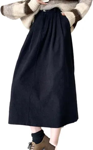 Women Vintage Corduroy Long Pleated Skirts High Waist Solid Color A-Line Umbrella Skirts