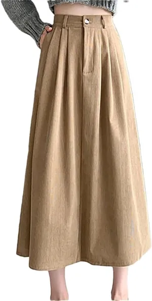 Women Vintage Corduroy Long Pleated Skirts High Waist Solid Color A-Line Umbrella Skirts