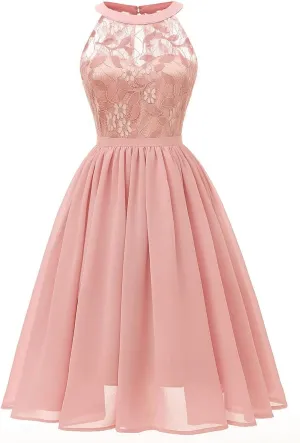 Women Vintage Halter Neck Floral Lace Hi-Lo Backless Bridesmaid Dress A-Line Short Prom Retro Cocktail Formal Swing Dress