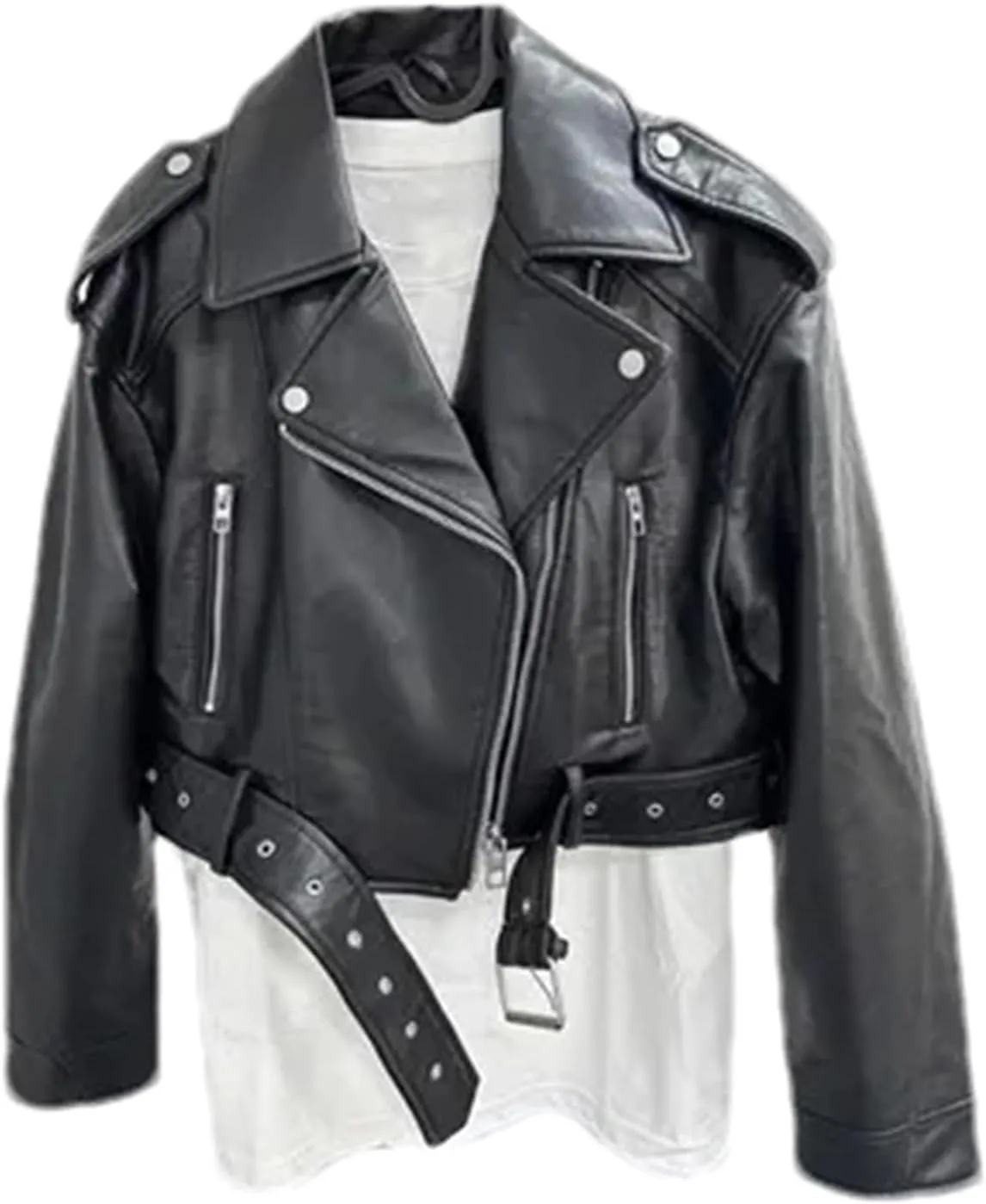 Women Vintage Loose Pu Faux Leather Short Jacket With Belt Streetwear Female Zipper Retro Moto Biker Coat Outwear