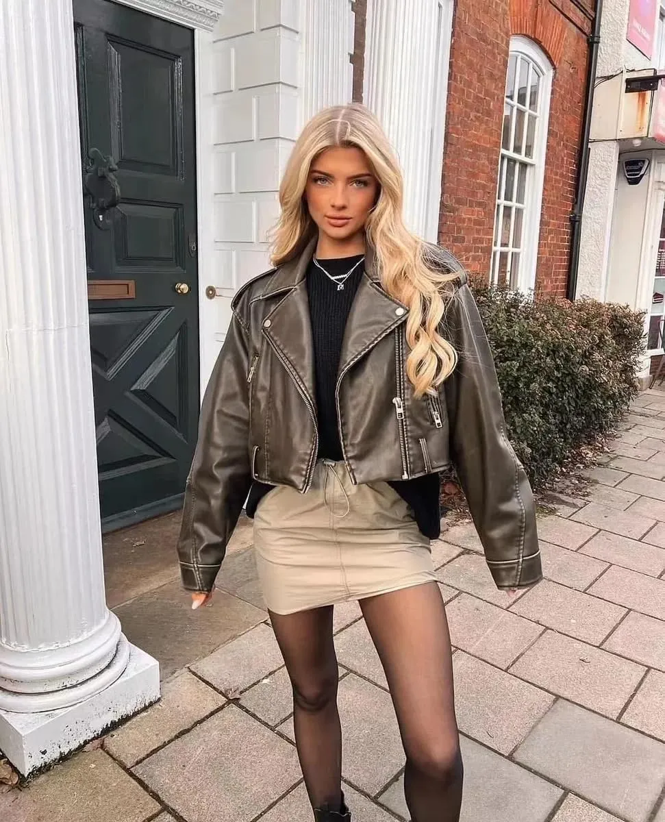 Women Vintage Loose Pu Faux Leather Short Jacket With Belt Streetwear Female Zipper Retro Moto Biker Coat Outwear
