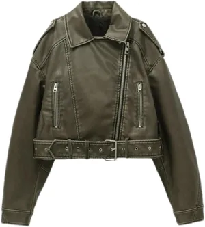 Women Vintage Loose Pu Faux Leather Short Jacket With Belt Streetwear Female Zipper Retro Moto Biker Coat Outwear