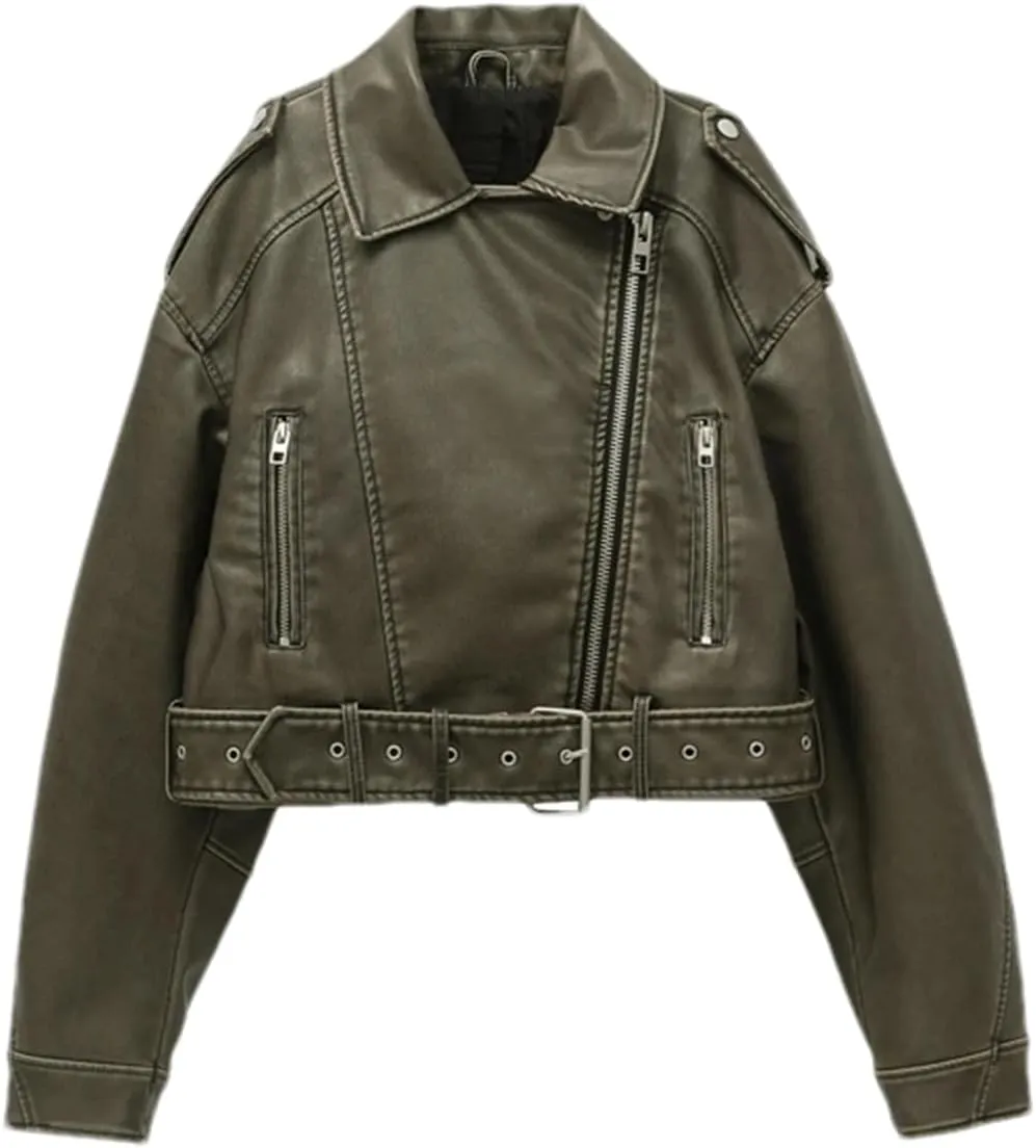 Women Vintage Loose Pu Faux Leather Short Jacket With Belt Streetwear Female Zipper Retro Moto Biker Coat Outwear