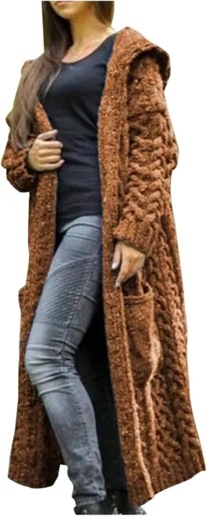 Women Winter Solid Knitted Cardigan Sweaters Plus Size Chunky Knit Sweater Loose Hooded Long Sweater Pocket Coats
