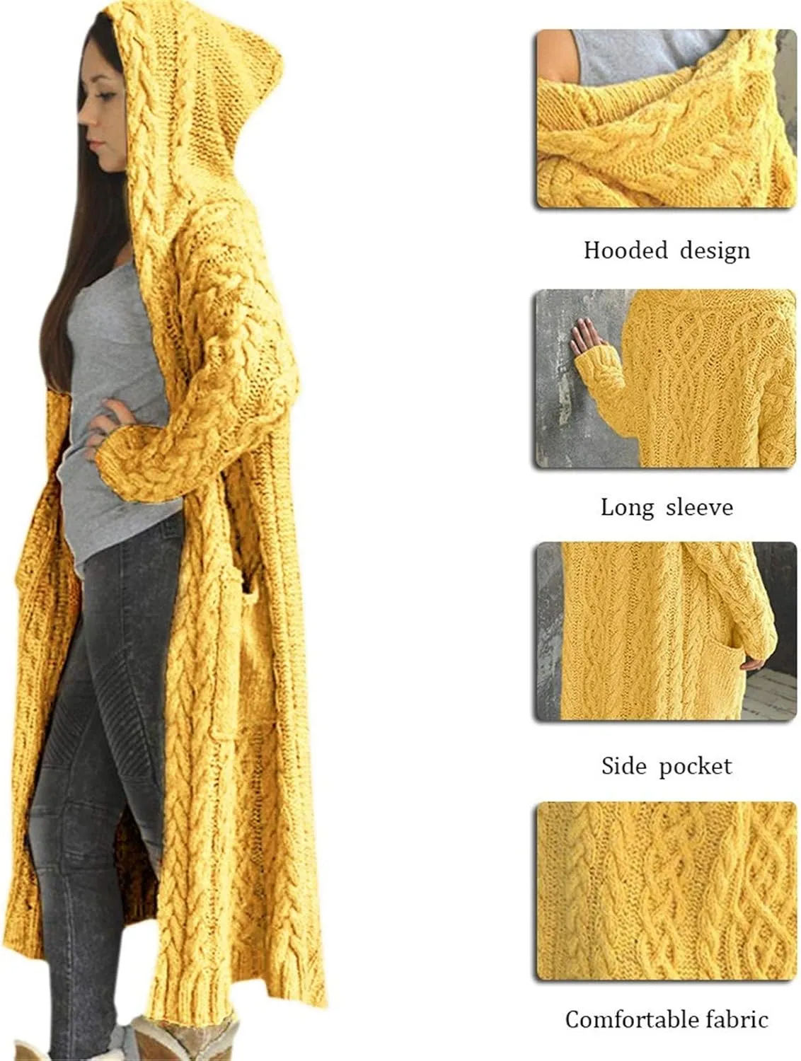 Women Winter Solid Knitted Cardigan Sweaters Plus Size Chunky Knit Sweater Loose Hooded Long Sweater Pocket Coats